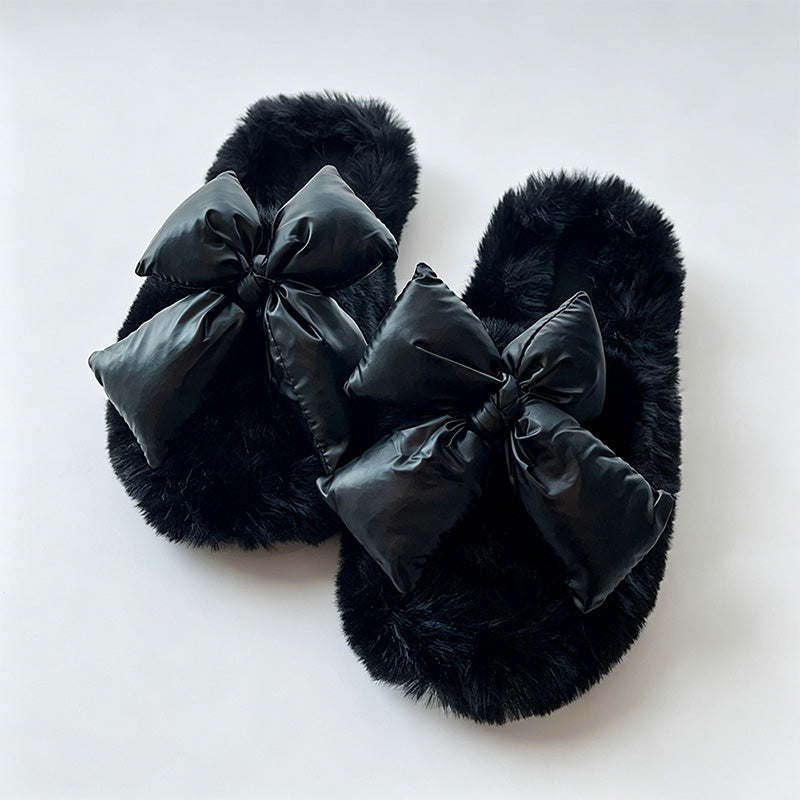 CouldNook Contrast Bow Plush Open Toe Slippers - Soft Shelf Accent