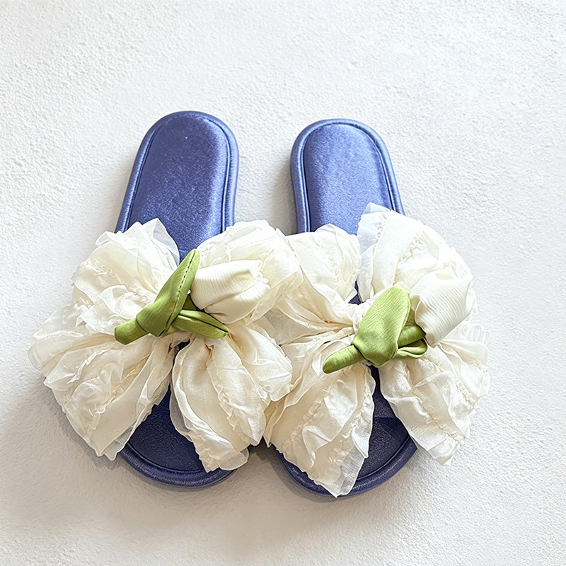 CouldNook Floral Satin Bow Slide Slippers - Sweet Lounge Accent
