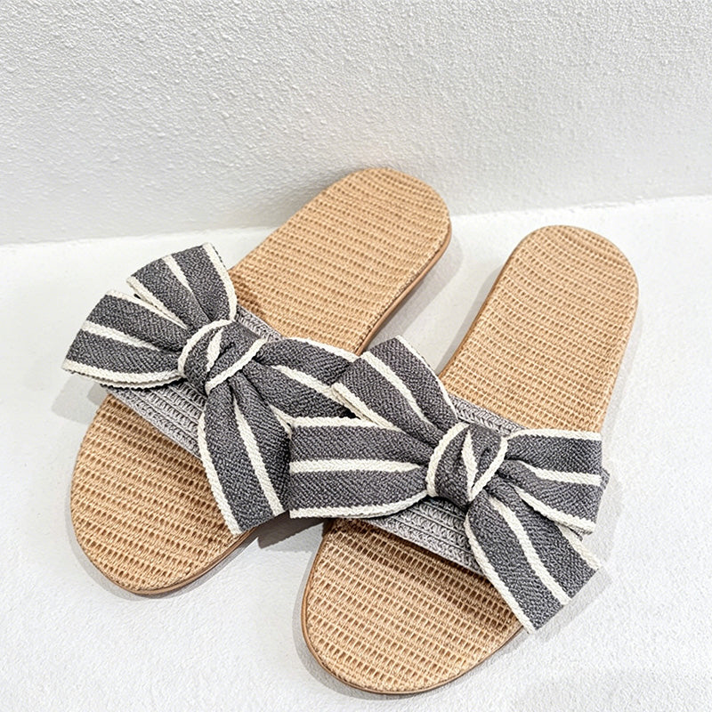 CouldNook Striped Bow Open Toe House Slippers - Dressing Corner Accent