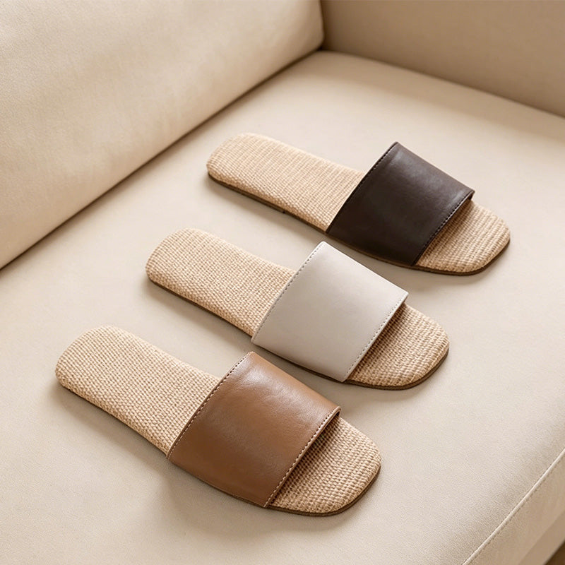 CouldNook Faux Leather Linen Sole Open Toe Slippers - Four Season Accent
