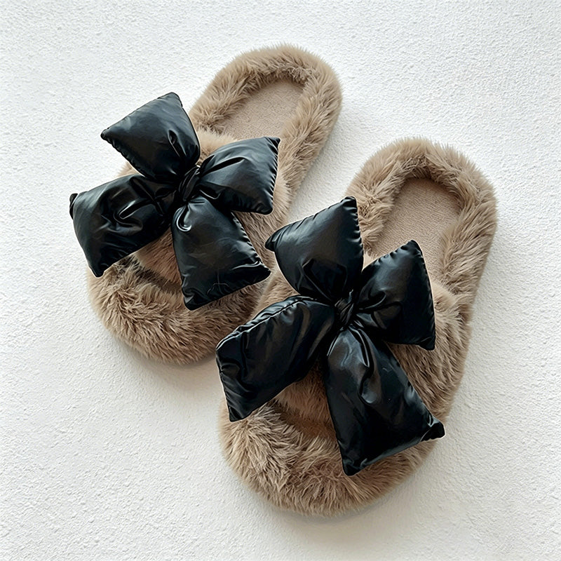 CouldNook Contrast Bow Plush Open Toe Slippers - Soft Shelf Accent