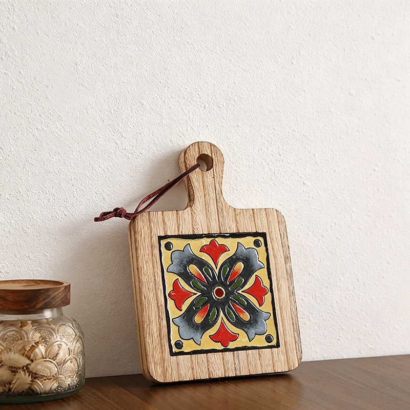 CouldNook Warm Tone Floral Tile Wooden Trivet - Heat Resistant Kitchen Pot Holder