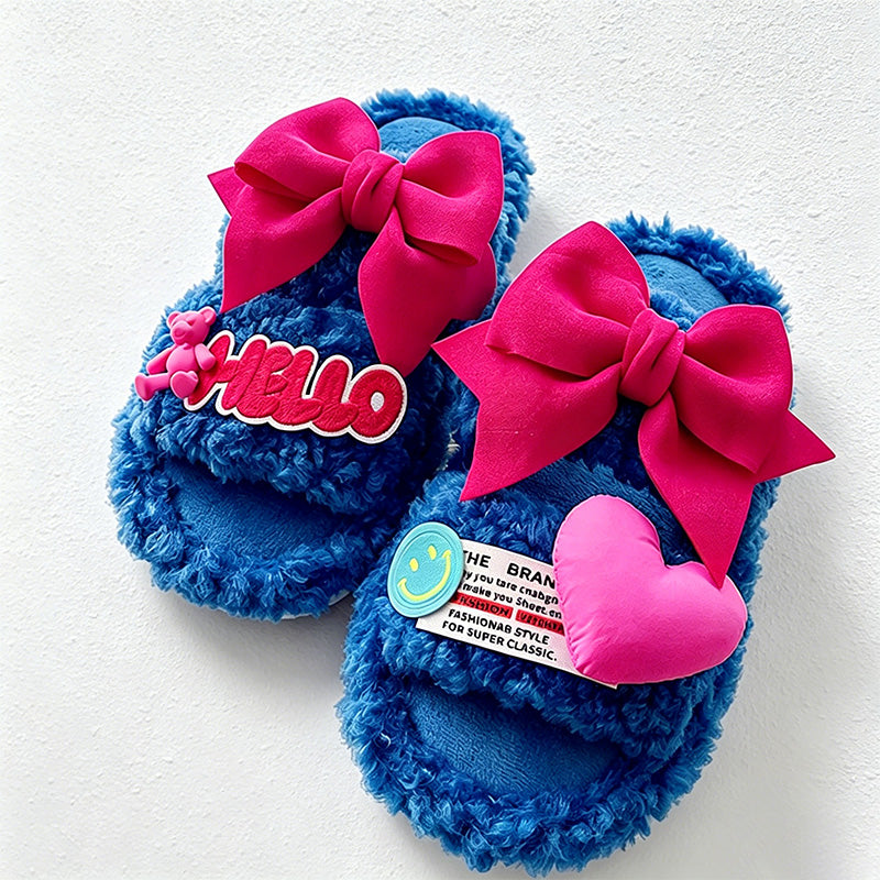 CouldNook Folded Bow Plush Open Toe Slippers - Colorful Lounge Accent