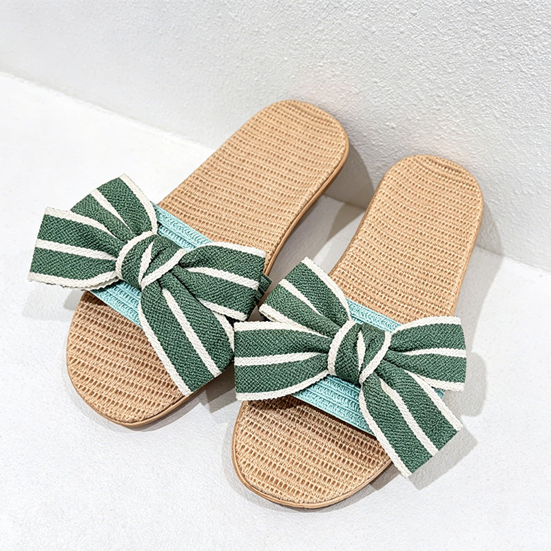 CouldNook Striped Bow Open Toe House Slippers - Dressing Corner Accent