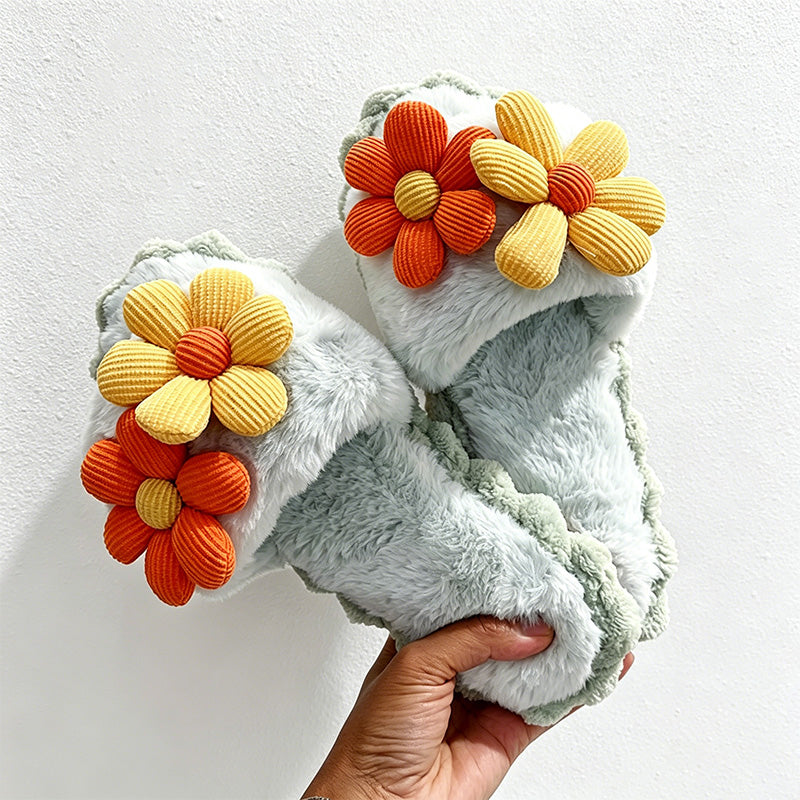 CouldNook Daisy Applique Plush Open Toe Slippers - Warm Floral Accent