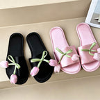 CouldNook Tulip Bow Open Toe Slippers - Gentle Bedroom Accent