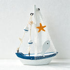 CouldNook Mediterranean Wooden Sailboat Model - Blue White Coastal Tabletop Decor