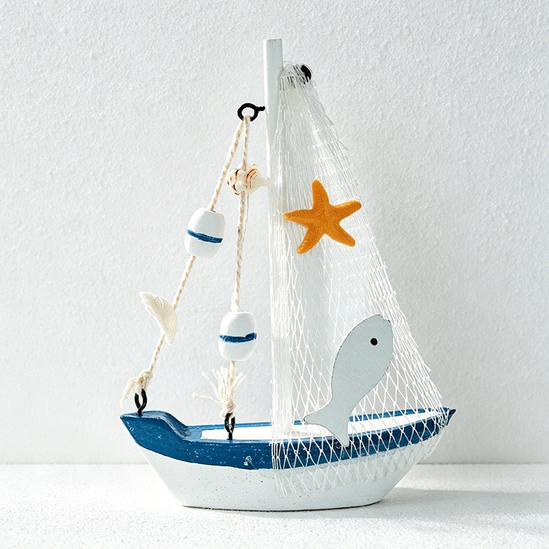 CouldNook Mediterranean Wooden Sailboat Model - Blue White Coastal Tabletop Decor