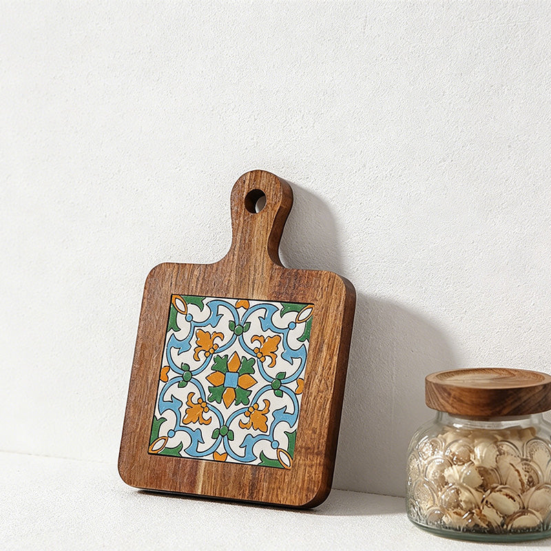 CouldNook Acacia Wood Blue Floral Tile Trivet - Heat Resistant Kitchen Pot Holder