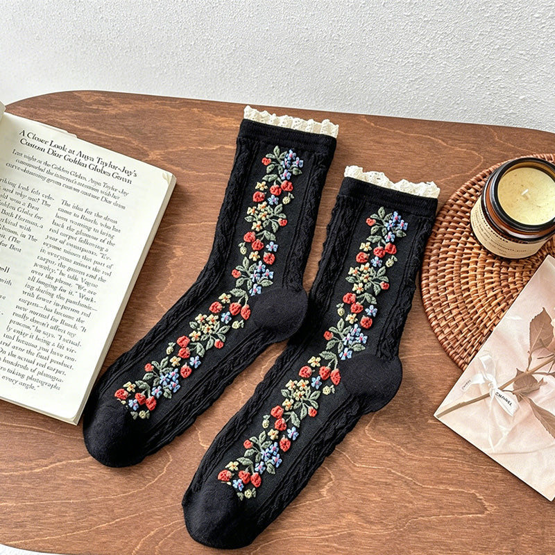 CouldNook Lace Ruffle Embossed Floral Socks - Women Ethnic Stackable Socks