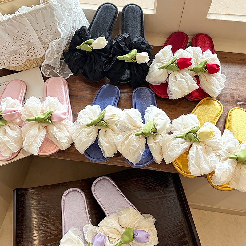 CouldNook Floral Satin Bow Slide Slippers - Sweet Lounge Accent