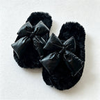 CouldNook Contrast Bow Plush Open Toe Slippers - Soft Shelf Accent
