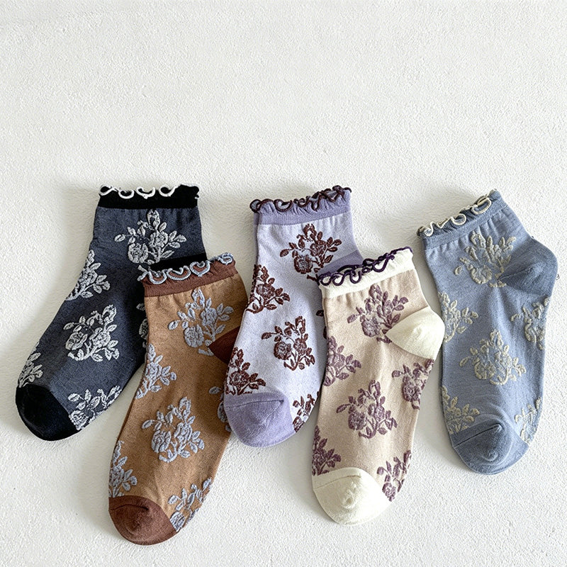 CouldNook Ruffled Cuff Embossed Floral Low Socks - Ethnic Women Socks