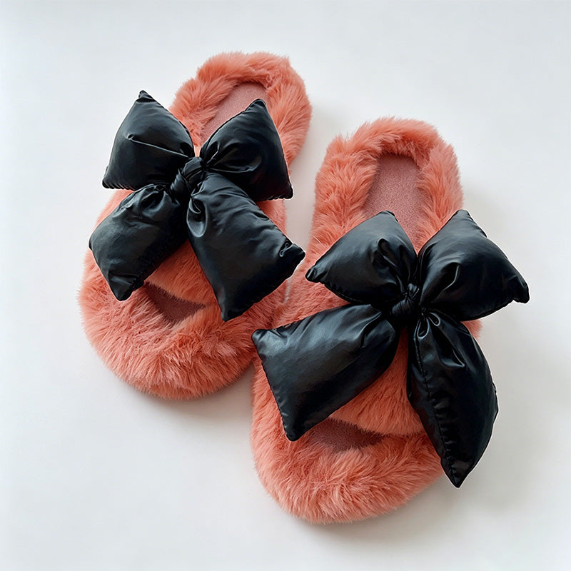 CouldNook Contrast Bow Plush Open Toe Slippers - Soft Shelf Accent