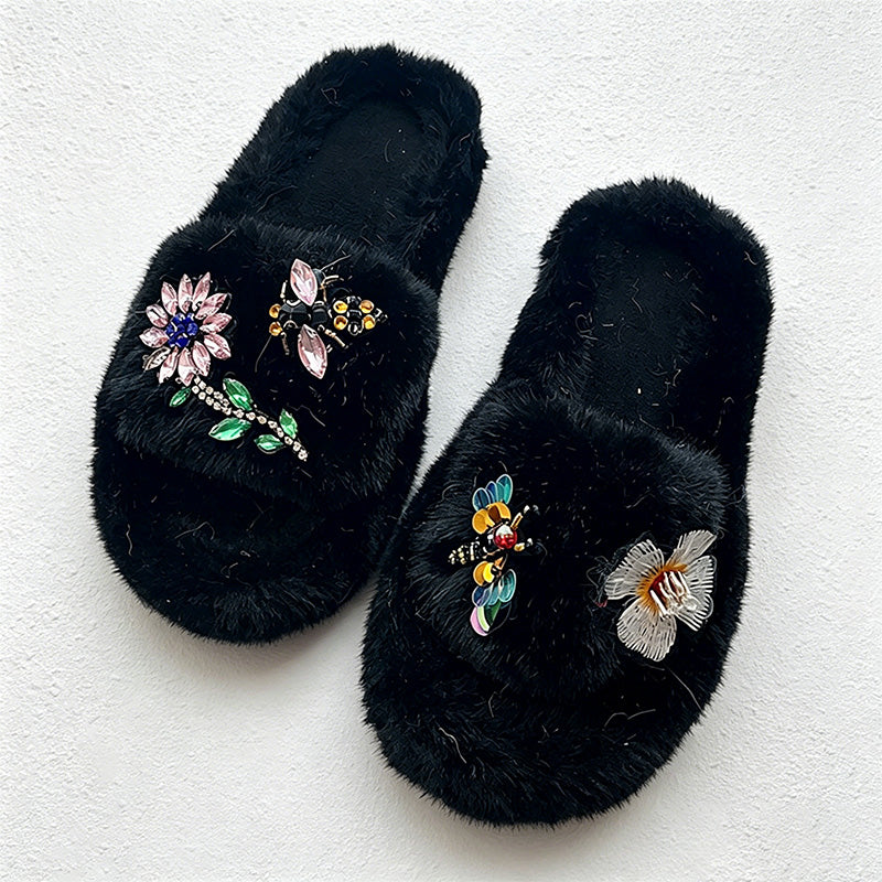 CouldNook Gem-Look Flower Plush Open Toe Slippers - Bright Room Accent