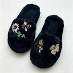 CouldNook Gem-Look Flower Plush Open Toe Slippers - Bright Room Accent