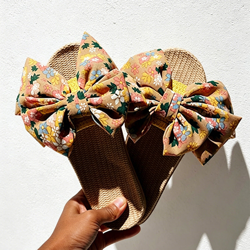 CouldNook Japanese Floral Linen Big Bow Slide Slippers - Sunny Room Accent