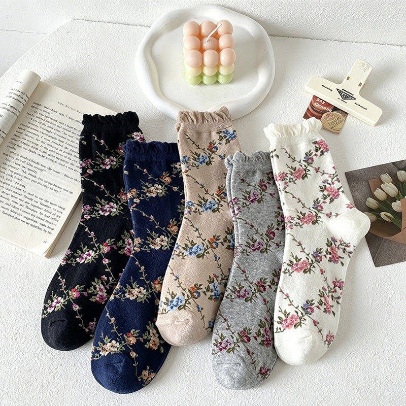 CouldNook Bubble Cuff Rose Floral Mid-Calf Socks - Stackable Socks