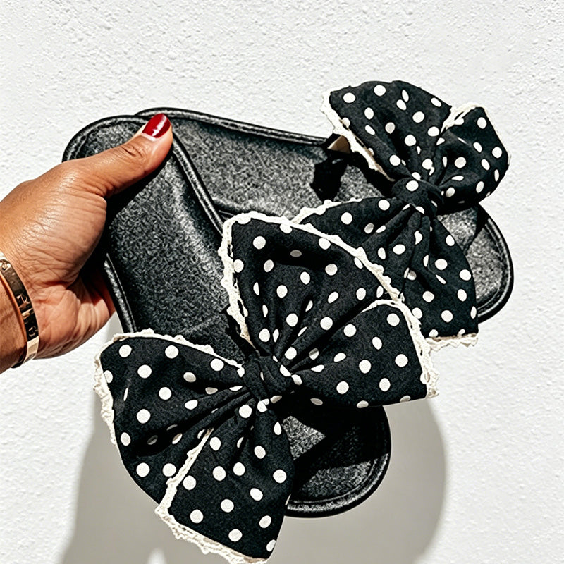 CouldNook Polka Dot Bow Satin Slide Slippers - Cheerful Room Accent