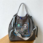 CouldNook Cartoon Character Collage Embroidery Shopping Bag - Everyday Market Accent