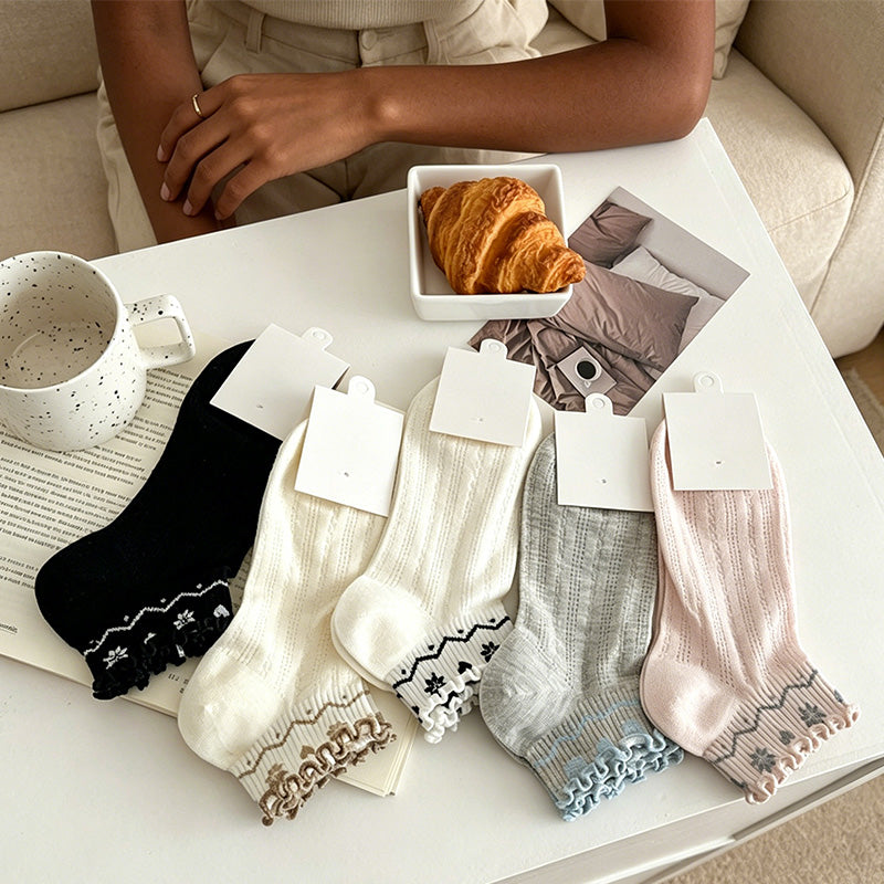 CouldNook Ruffled Cuff Heart Floral Socks - Sweet Mesh Socks