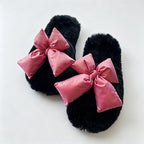 CouldNook Contrast Bow Plush Open Toe Slippers - Soft Shelf Accent