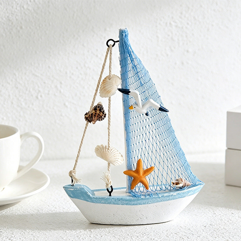 CouldNook Mediterranean Wooden Sailboat Model - Blue White Coastal Tabletop Decor