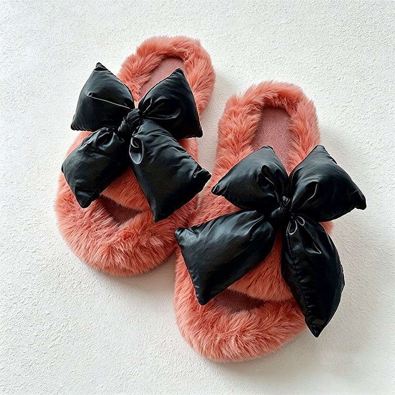 CouldNook Contrast Bow Plush Open Toe Slippers - Soft Shelf Accent