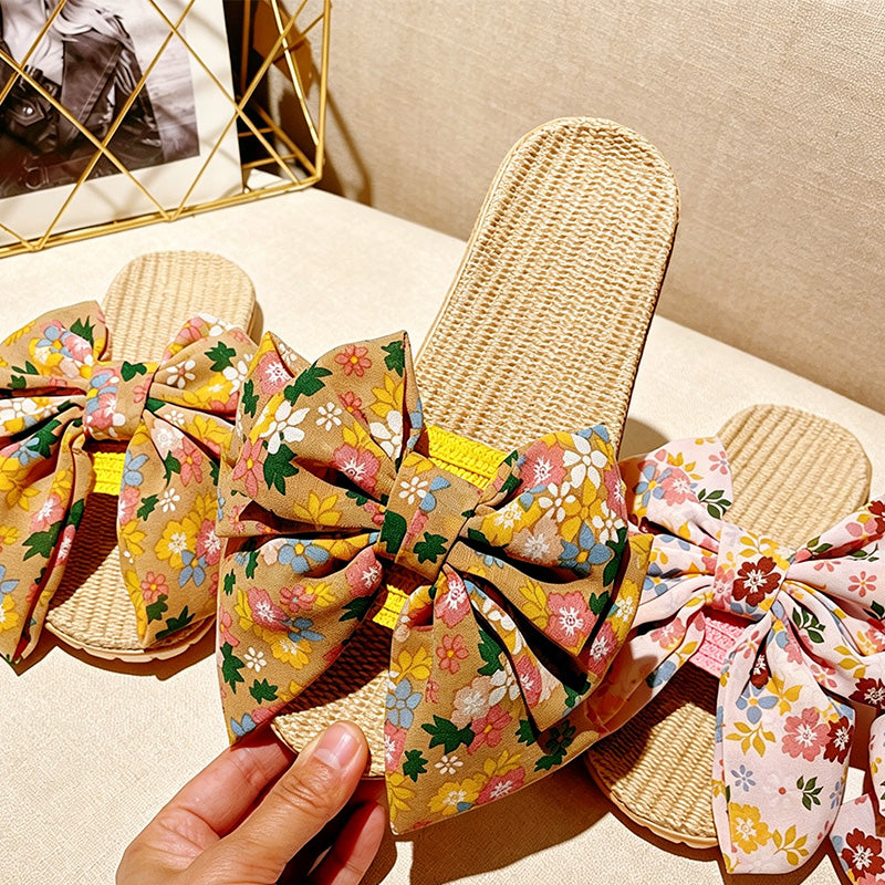 CouldNook Japanese Floral Linen Big Bow Slide Slippers - Sunny Room Accent