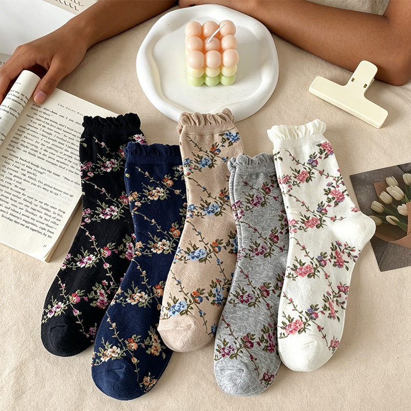 CouldNook Bubble Cuff Rose Floral Mid-Calf Socks - Stackable Socks