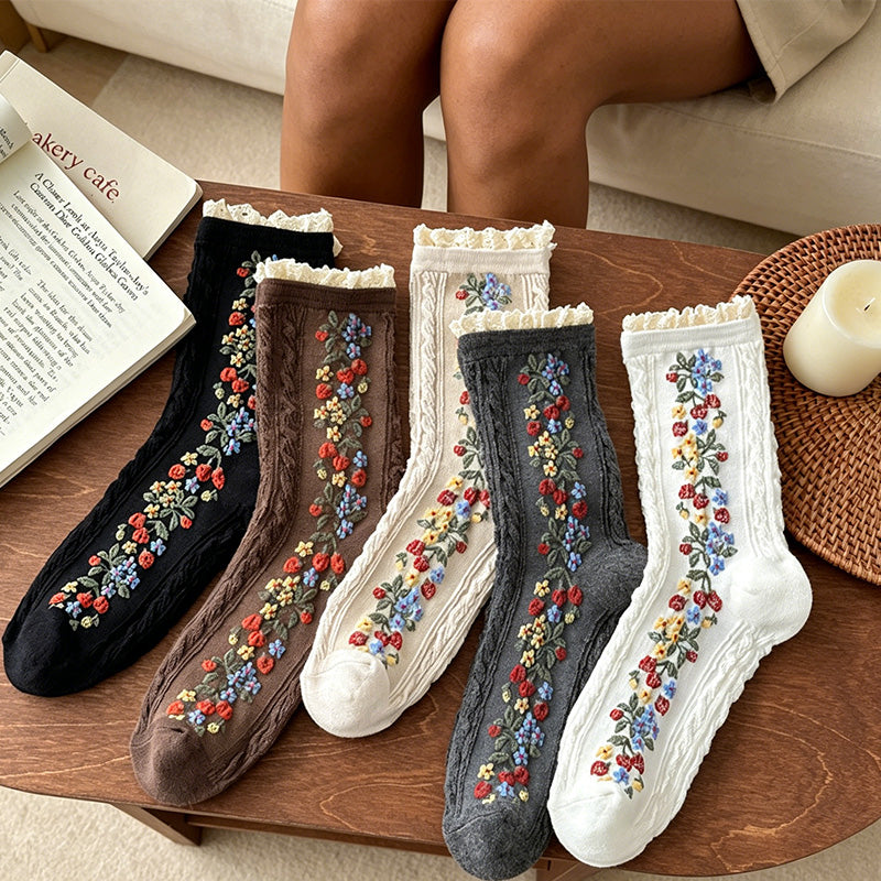 CouldNook Lace Ruffle Embossed Floral Socks - Women Ethnic Stackable Socks
