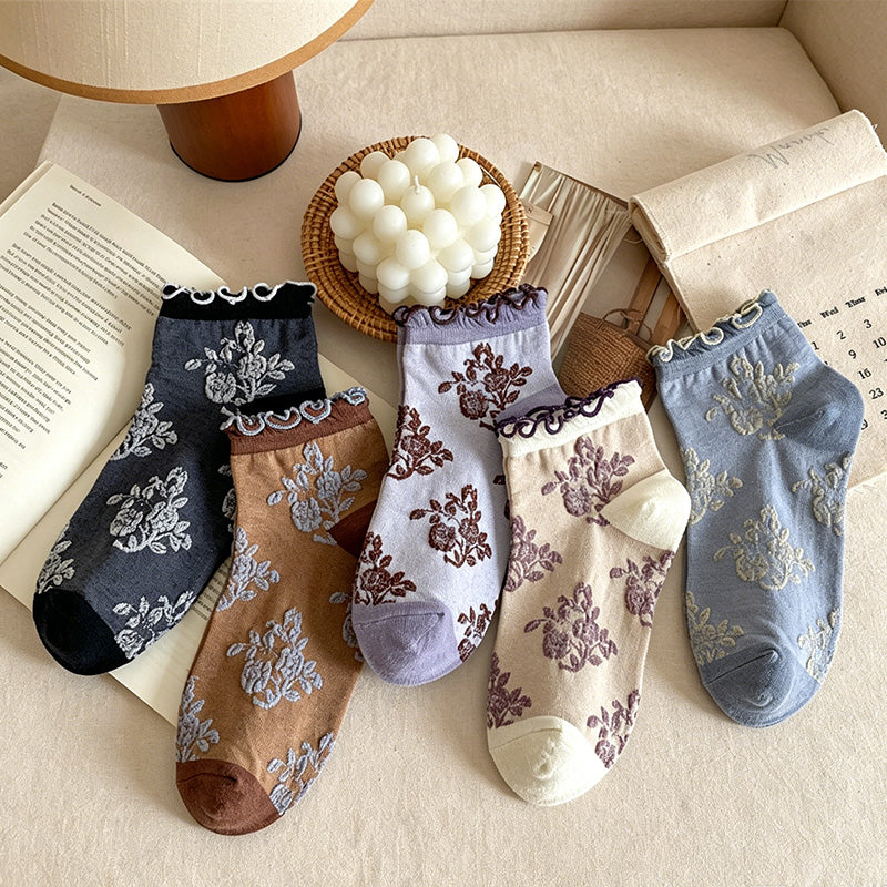 CouldNook Ruffled Cuff Embossed Floral Low Socks - Ethnic Women Socks