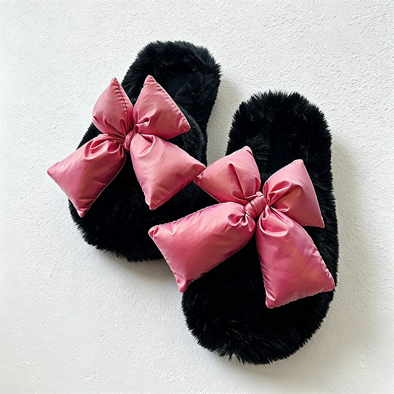 CouldNook Contrast Bow Plush Open Toe Slippers - Soft Shelf Accent