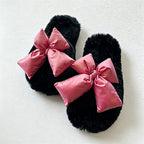 CouldNook Contrast Bow Plush Open Toe Slippers - Soft Shelf Accent
