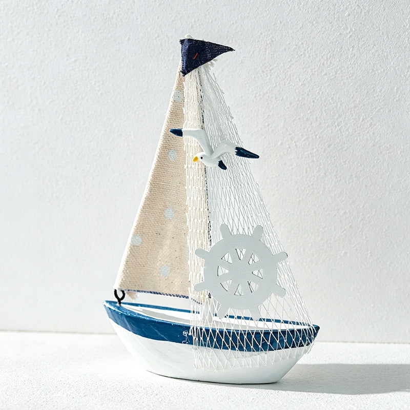 CouldNook Mediterranean Wooden Sailboat Model - Blue White Coastal Tabletop Decor