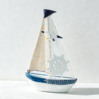 CouldNook Mediterranean Wooden Sailboat Model - Blue White Coastal Tabletop Decor