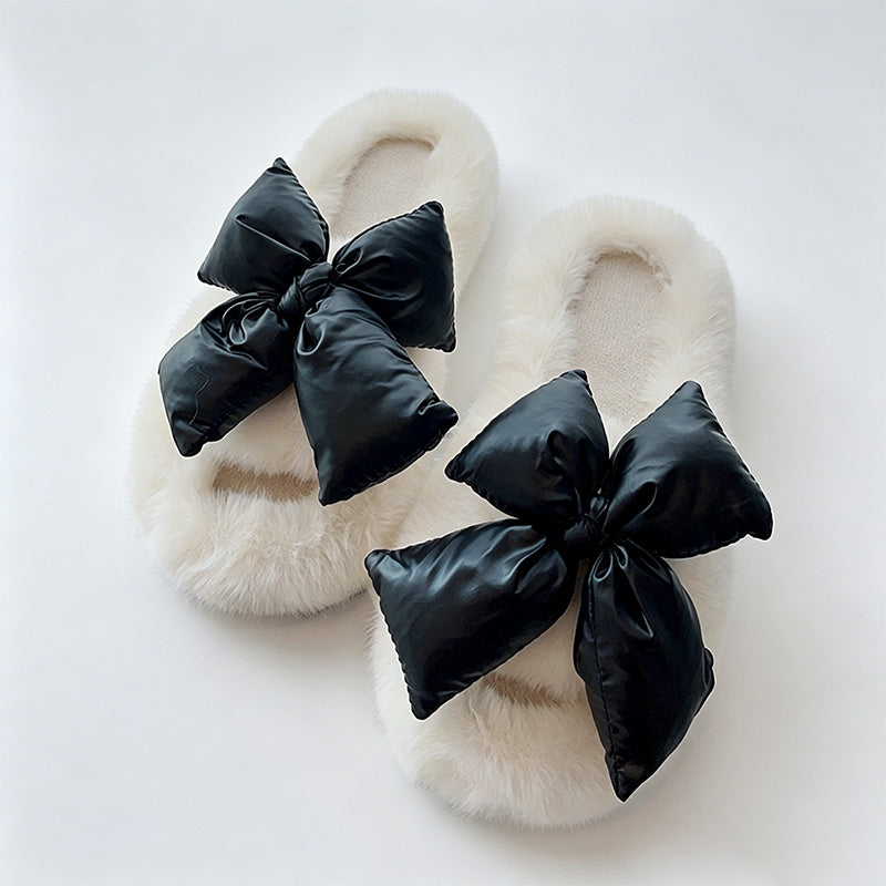 CouldNook Contrast Bow Plush Open Toe Slippers - Soft Shelf Accent