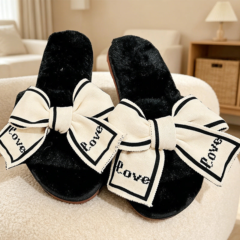 CouldNook Heart Bow Plush Open Toe Slippers - Sweet Room Accent
