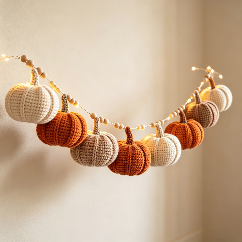 CouldNook Knitted Pumpkin Garland Ornament - Textured Autumn Hanging Display