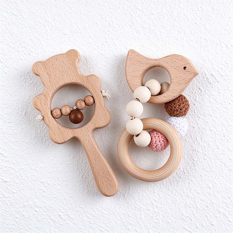 CouldNook Wooden Rattle - Animal Outlines and Crochet Bead Accents