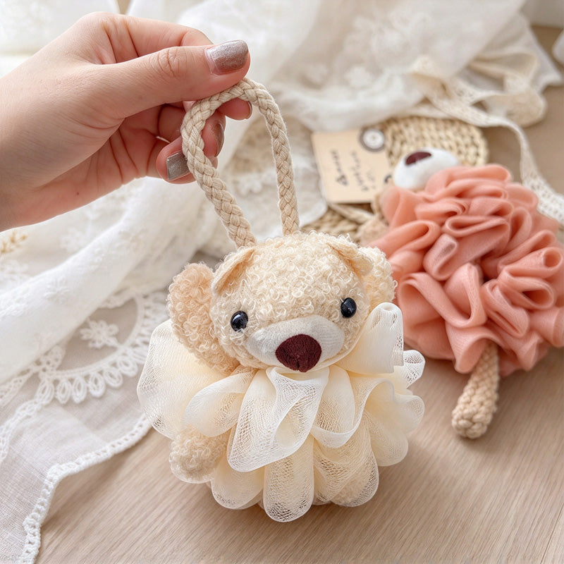 CouldNook Animal Bath Pouf - Bear and Rabbit Faces Around Ruffled Mesh