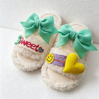 CouldNook Folded Bow Plush Open Toe Slippers - Colorful Lounge Accent