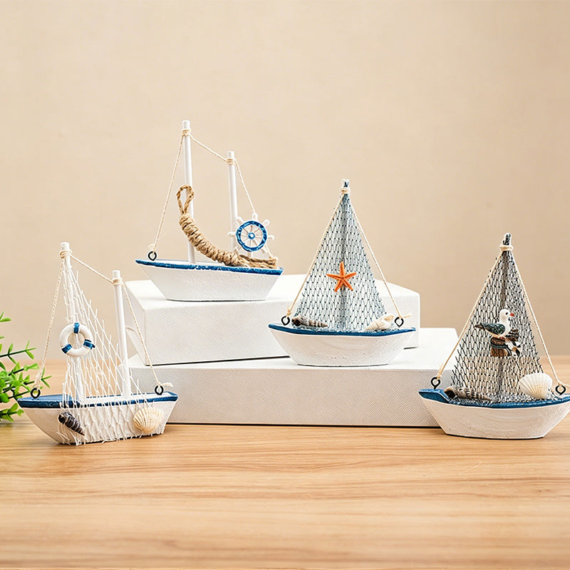 CouldNook Mediterranean Wooden Sailboat Model - Blue White Coastal Tabletop Decor