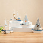 CouldNook Mediterranean Wooden Sailboat Model - Blue White Coastal Tabletop Decor