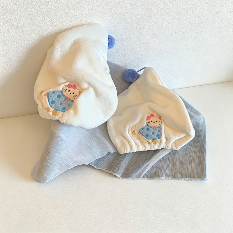 CouldNook Kitten Motif Coral Fleece Hair Cap - Absorbent Soft Drying Cap