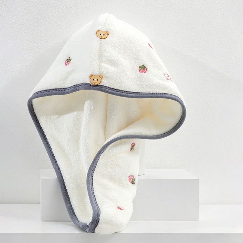 CouldNook Strawberry Embroidered Hair Drying Cap - Soft Double-Layer Microfiber Cap