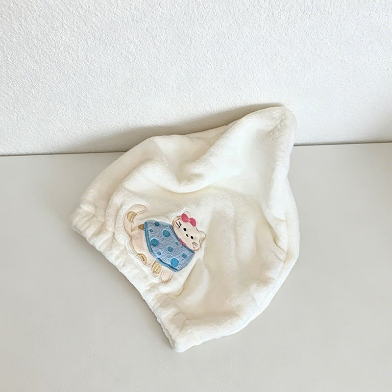 CouldNook Kitten Motif Coral Fleece Hair Cap - Absorbent Soft Drying Cap