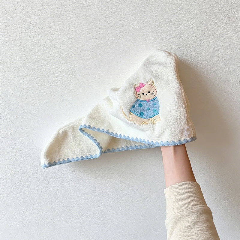 CouldNook Kitten Motif Coral Fleece Hair Cap - Absorbent Soft Drying Cap