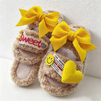CouldNook Folded Bow Plush Open Toe Slippers - Colorful Lounge Accent