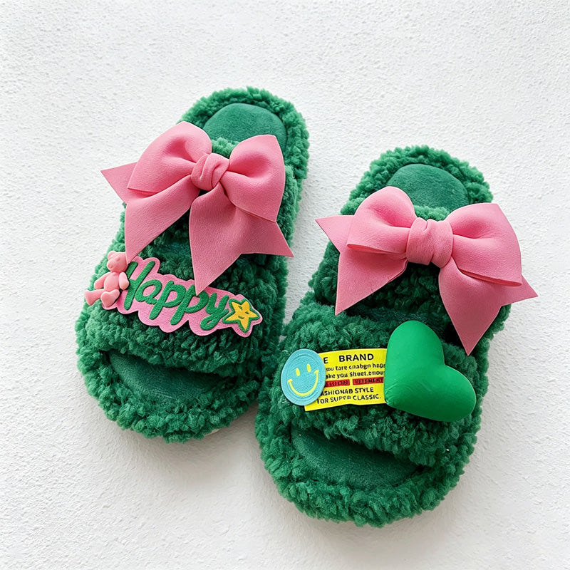CouldNook Folded Bow Plush Open Toe Slippers - Colorful Lounge Accent